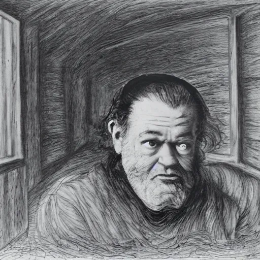 Prompt: la monte young listening to the wind in a log cabin, hyperrealistic portrait