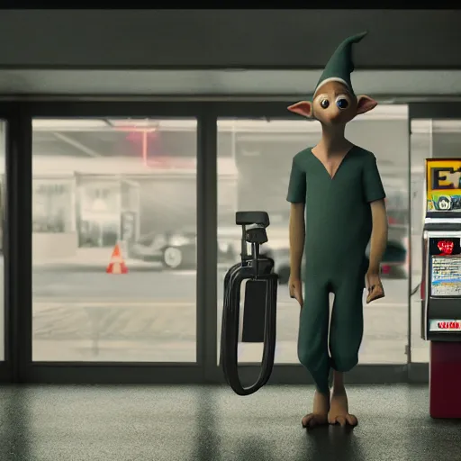 Image similar to dobby the elf robbing a gas station, volumetric lighting, octane render, 4 k resolution,