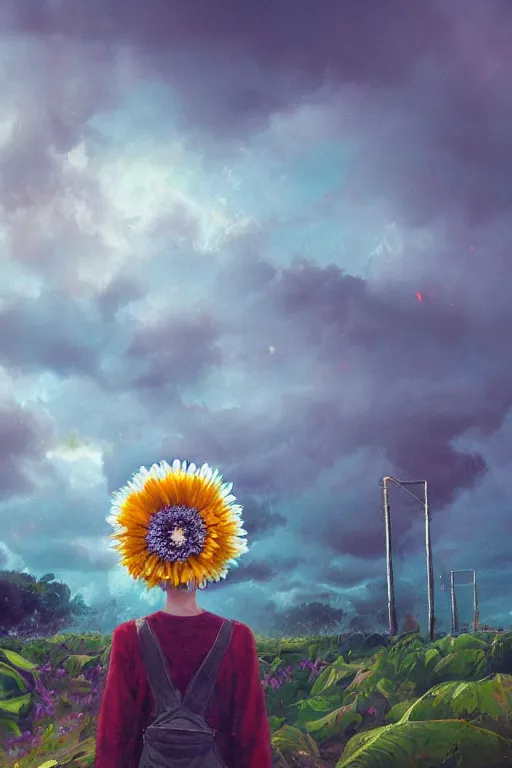 Image similar to closeup, girl with giant daisy flower head, between monsteras, surreal photography, wind and cold, dramatic sky, impressionist painting, digital painting, artstation, simon stalenhag