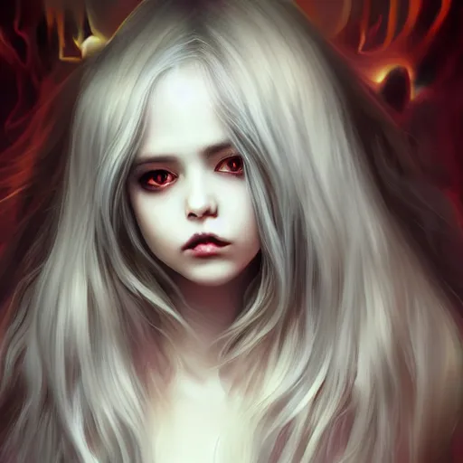 Image similar to Ethereal portrait of a creepy demonic sleep paralysis horror girl with disheveled long dark hair, long bangs, a malicious slight smile revealing fangs, big piercing eyes, dim lighting, medium shot, by artgerm and WLOP