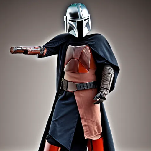 Prompt: a robed jedi with a mandalorian mask