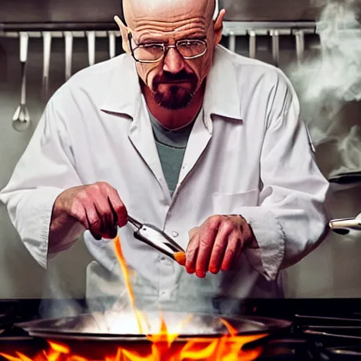 Image similar to walter white cooking eggs in a saucepan. He is looking worried. The stove is on fire. dramatic lighting, movie poster