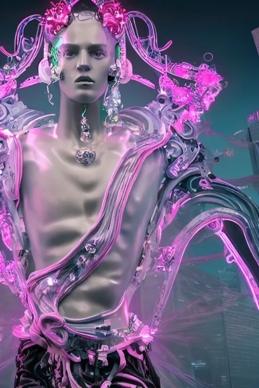 Prompt: full-body rococo and cyberpunk style quartz sculpture of a young handsome seductive Venezuelan android prince reaching for the sky, glowing pink laser eyes, crown of white gears and diamonds, swirling green-colored silk fabric. futuristic elements. full-length view. intricate artwork by caravaggio. Trending on artstation, octane render, cinematic lighting from the right, hyper realism, octane render, 8k, depth of field, 3D
