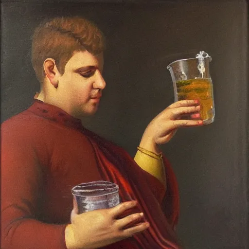 Prompt: Roman emperor Nero drinking iced tea, oil painting
