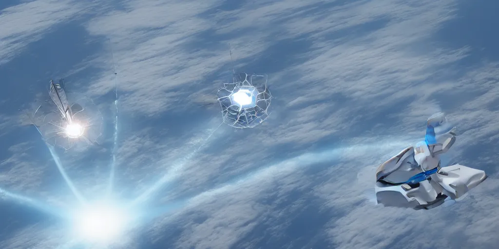 Image similar to high above earth's atmosphere a impossibly large alien mothership craft (reminiscent of a golf-ball) very sleek sanitary with antennae and many little docking ports, charges up it's neon electric blue weapon that will recycle earth on Tuesday, on the bridge aliens spy on earth where people on the ground eat donuts in quaint cafes, 8K, 4K, Octane, UE5, photorealistic, cinematic, highly detailed, highly stylized, concept art, matte painting