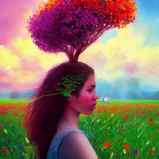 Image similar to girl with a scaled up flower as a face, surreal photography, dream, standing in flower field, hills, big trees, sunrise dramatic light, impressionist painting, colorful clouds, digital painting, pointillism, artstation, simon stalenhag, flower face