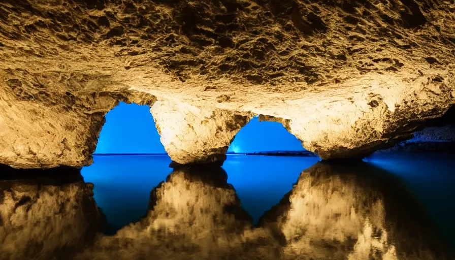 Prompt: Blue cave during the night, blue water, reflections ,moon light, incredible lighting, 4k photography award winning,