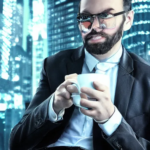 Image similar to handsome startup CEO having a cup of coffee. sci-fi cyberpunk!!!!!!!! concept art