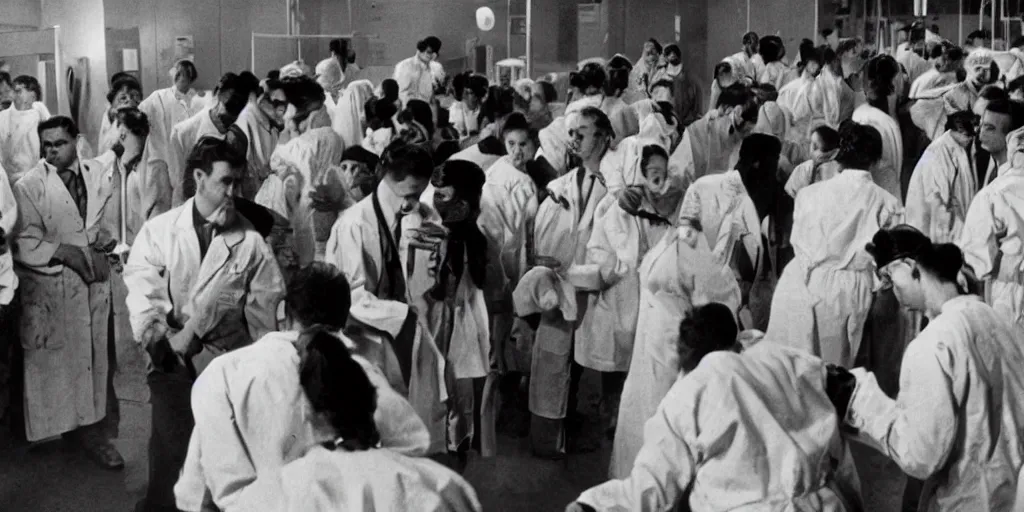 Prompt: An overcrowded hospital with bad standards in, horror movie, the outbreak can't be contained, 1950's