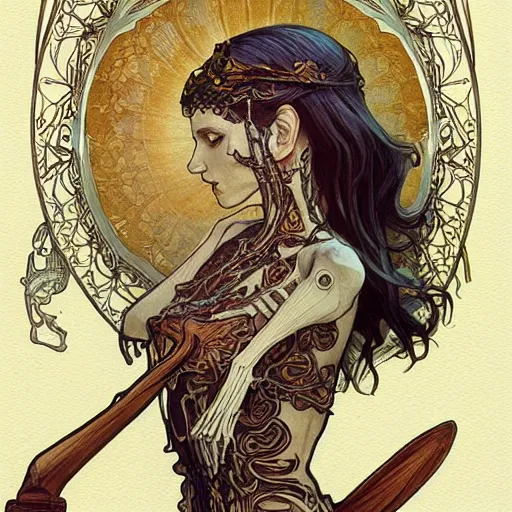 Image similar to skeleton with sickle, highly detailed, very intricate, art nouveau, gold filigree, award winning, tarot concept art watercolor illustration by mandy jurgens and alphonse mucha and alena aenami, featured on artstation