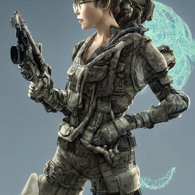 Image similar to the portrait of lawful neutral female futuristic marine sniper as absurdly beautiful, gorgeous, elegant, young gravure idol, an ultrafine hyperdetailed illustration by kim jung gi, irakli nadar, intricate linework, bright colors, octopath traveler, final fantasy, unreal engine 5 highly rendered, global illumination, radiant light, detailed and intricate environment