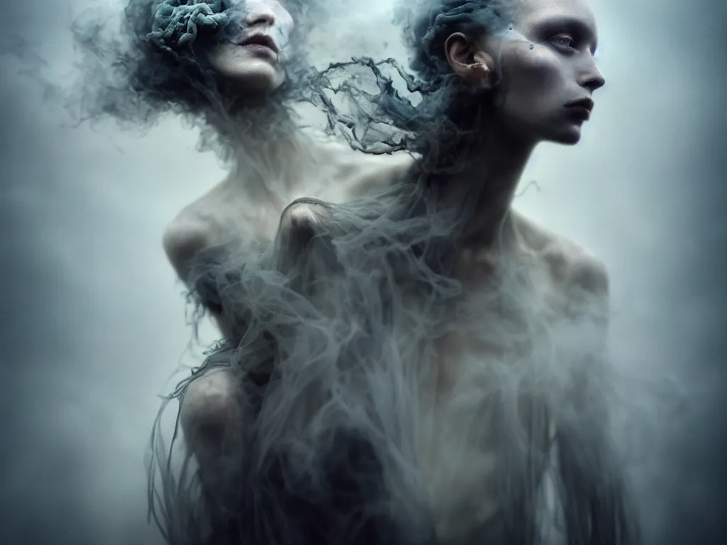 Prompt: cinestill 5 0 d portrait by paolo roversi of a dystopian woman hybrid smoke statue in a scenic dystopian environment, smoke hair floating in air, dreamy intricate, elegant, highly detailed, digital art, artstation, concept art, smooth, sharp focus, tomasz alen kopera, peter mohrbacher, donato giancola, tonal colors