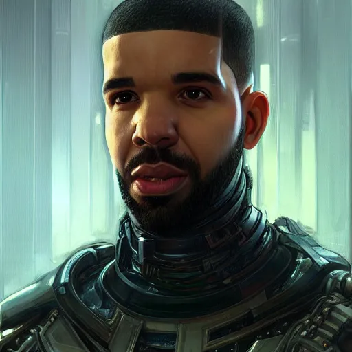 Image similar to drake as a realistic cyberpunk knight, closeup portrait art by donato giancola and greg rutkowski, realistic face, digital art, trending on artstation, symmetry!!