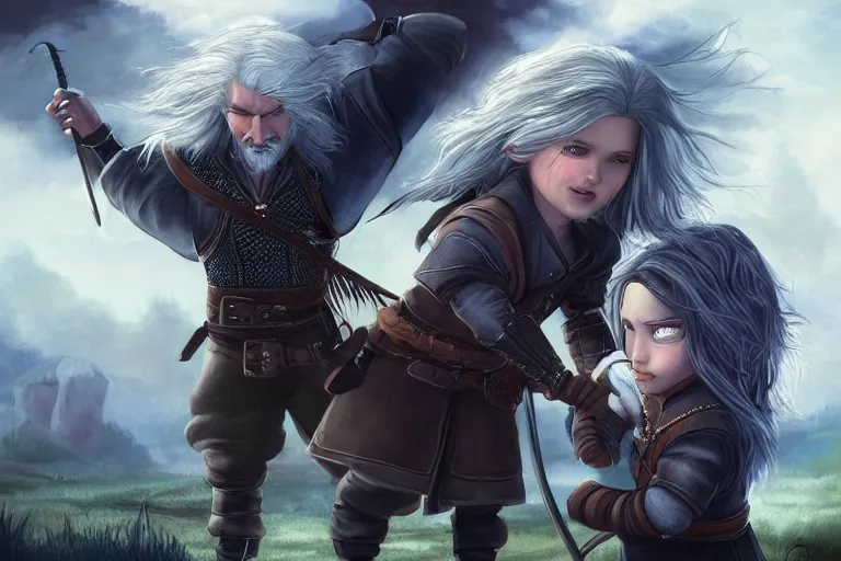 Prompt: Little Geralt and little Yennefer play together, Yennefer uses magic, digital art by greg rutkowsky, masterpiece, balanced colors HD