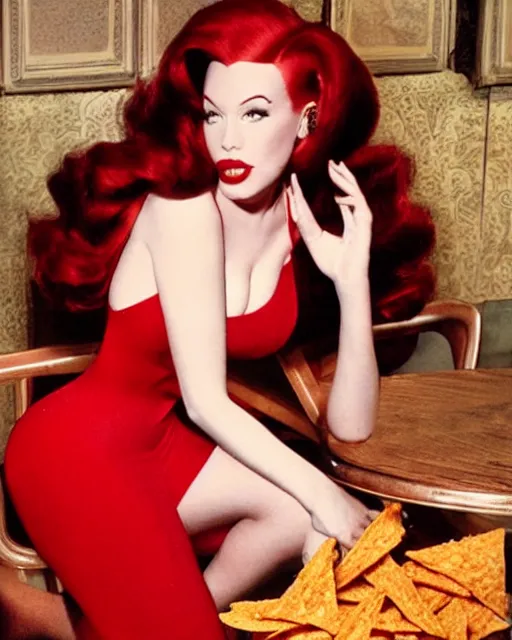 Prompt: Jessica Rabbit wearing red dress eating a bag of Doritos, sitting on a chair, photograph