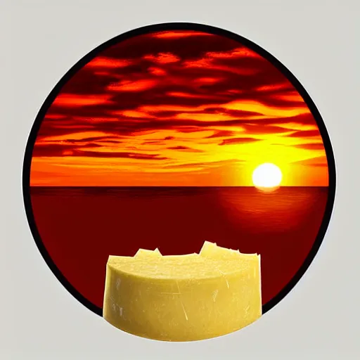 Image similar to rat made of slices of cheese with a sunset in the background, digital art