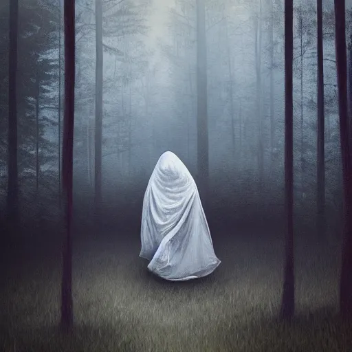 Image similar to ominous bedsheet ghost floating in front of a train deep in the forest, oil painting, brush strokes, gloomy foggy atmosphere, symmetrical, full body image, highly ornate intricate details,