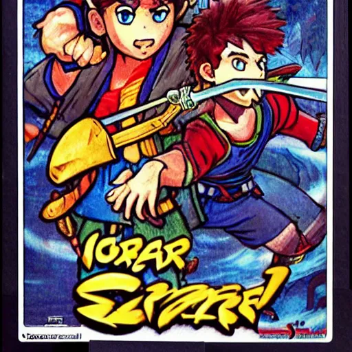 Image similar to 11-year-old boy with crazy hair holding scimitar, boy going on adventure, Nintendo Famicom boxart, 1987 video game boxart