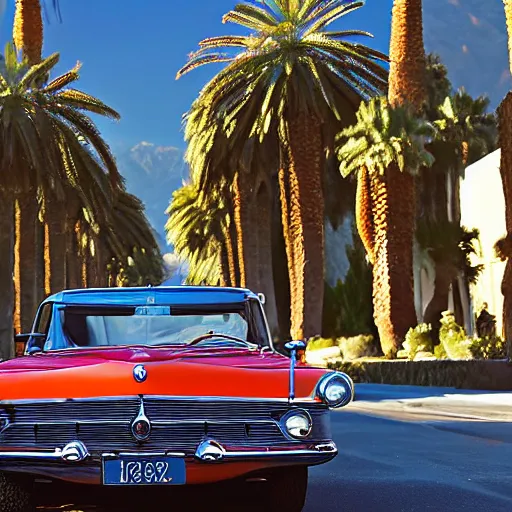 Prompt: vintage car parked in a street in palm springs, mountains in the background, bright sun, palm trees