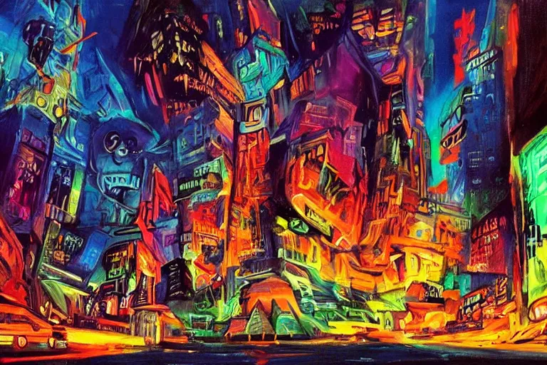 Image similar to surreal colorful nightmarish cityscape, artwork by ralph bakshi