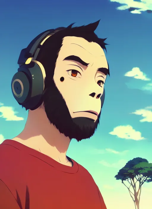 Image similar to portrait of gorilla, sunny sky background, lush landscape, illustration concept art anime key visual trending pixiv fanbox by wlop and greg rutkowski and makoto shinkai and studio ghibli and kyoto animation, symmetrical facial features, black t shit, red headphones, ripped jeans, backlit, aerodynamic frame, gta 5