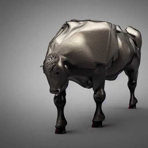 Image similar to a standing bull android modeled after a bull made of hard rubber looking into the camera, android, cyborg, half body, intricate, 3 d, fantasy, depth of field, octane render, symmetrical, hyper realism, highly detailed, digital art, artstation, concept art, cinematic lighting, trending