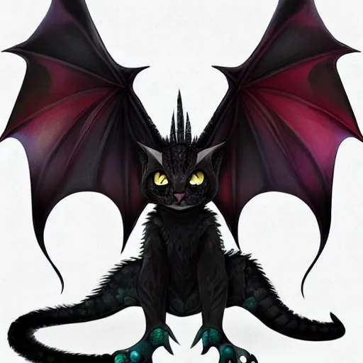 Prompt: an crossbreed between a dragon and a kitten, black fur, black wings, fantastic animal, magical, very cute, adorable, charming, amazing details, bright colors, ultra high definition, artstation pixiv, concept art,