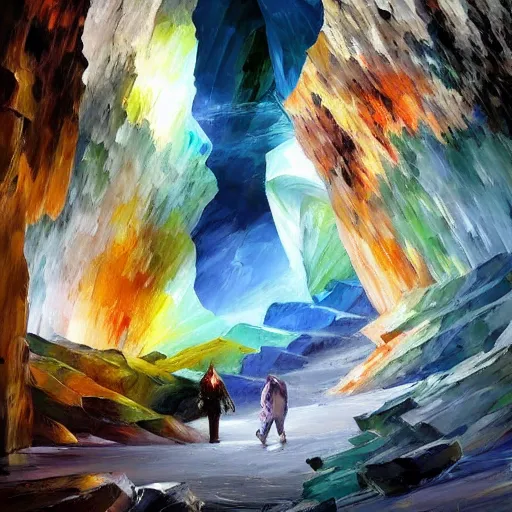 Image similar to A huge cave full of rainbow color crystals and gems on the ground, and stuck to the walls made of huge grey boulders, very dark, midnight, oil painting by Afremov and Greg Rutkowski.