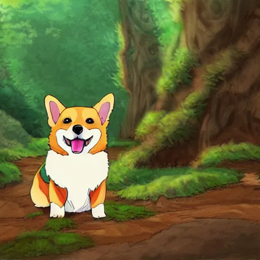 Prompt: a cell - shaded studio ghibli cartoon concept art study of a corgi puppy in an ancient forest temple, beautiful, scenic, cinematic