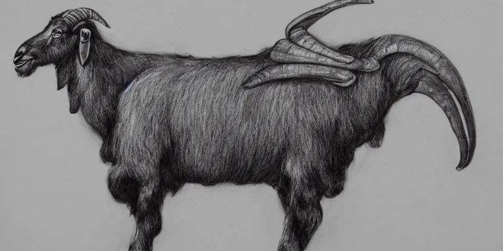 Image similar to full body shot of a large goat with the horns shaped like an axe head, pencil drawing, illustration, black and white, artstation