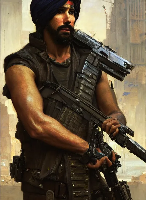 Image similar to 👳♂. cyberpunk mercenary in a military vest ( blade runner 2 0 4 9, cyberpunk 2 0 7 7 ). orientalist portrait by john william waterhouse and james gurney and theodore ralli and nasreddine dinet, oil on canvas. cinematic, hyper realism, realistic proportions, dramatic lighting, high detail 4 k