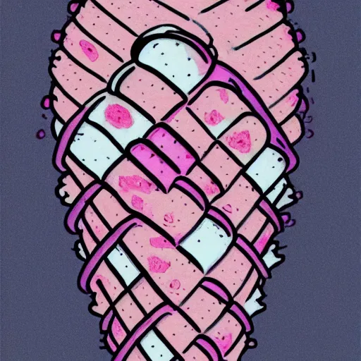 Prompt: cute wobbly eyes mouth pink ice cream, blue waffle cone, 2 0 2 2 intricate concept art, line drawing