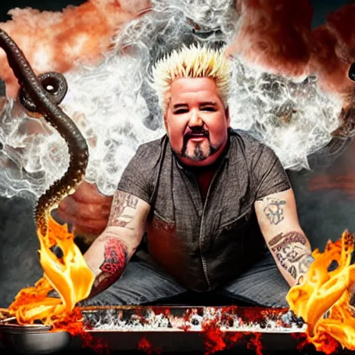 Image similar to guy fieri, turning into an eldritch horror with tentacles, sitting in a giant pan filled with boiling oil, film still from the movie directed by denis villeneuve with art direction by salvador dali