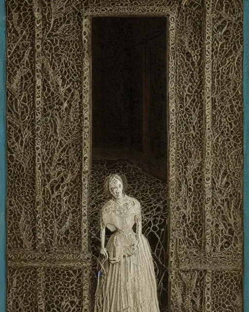 Image similar to a woman standing in a doorway, made of intricate decorative lace leaf skeleton, in the style of the dutch masters and gregory crewdson, dark and moody