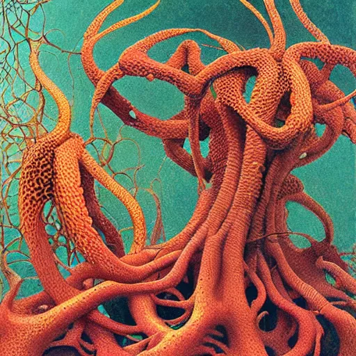 Prompt: Botanical illustration of sentient Clathrus ruber slime mold in its native habitat by Haeckel and Beksinski, ultradetailed digital art, vivid color hues