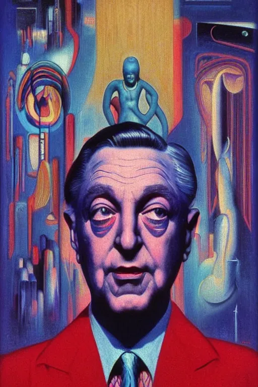 Image similar to 8 0 s art deco portrait of george soros, like a dream oil painting curvalinear clothing cinematic dramatic cyberpunk textural fluid lines otherworldly vaporwave interesting details fantasy lut epic composition by basquiat zdzisław beksinski james jean artgerm rutkowski moebius francis bacon gustav klimt