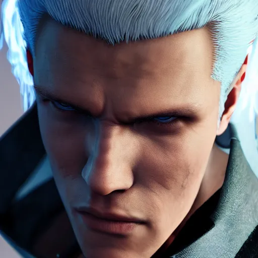 Image similar to Vergil from devil may cry, au naturel, hyper detailed, digital art, trending in artstation, cinematic lighting, studio quality, smooth render, unreal engine 5 rendered, octane rendered, art style by klimt and nixeu and ian sprigger and wlop and krenz cushart