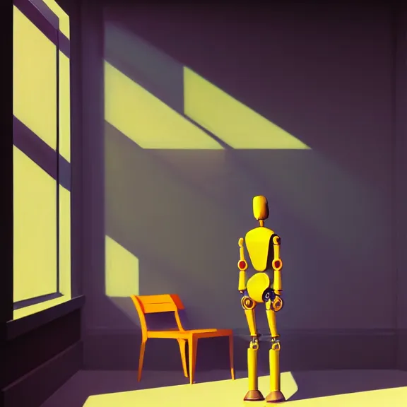 Image similar to beautiful illustration of a robot on light background by Edward Hopper, clean lines, very detailed, colorful octane render