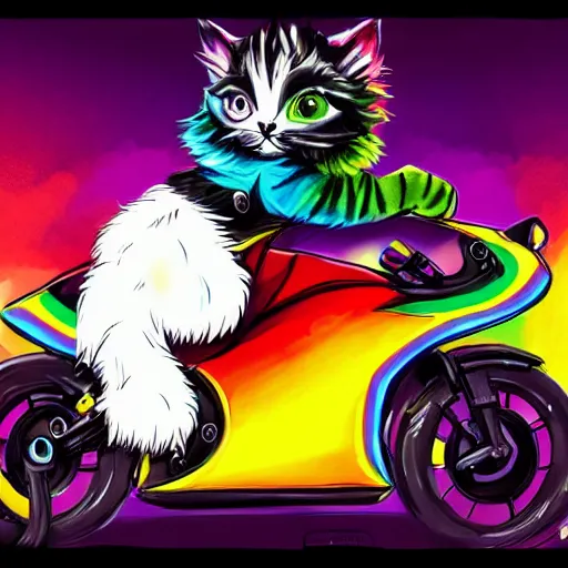 Image similar to wide angle full body, jacket wearing fluffy cute rainbow kitten wearing a black leather motorcycle jacket, riding on a motorcycle, cinematic concept art