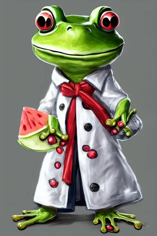 Prompt: cute anthropomorphic frog wearing a white butcher coat with a white butcher hat and holding a cleaver, cutting a wipe red watermelon, tiny, small, miniature frog, baby animal, short, pale blue armor, cute and adorable, pretty, beautiful, DnD character art portrait, matte fantasy painting, cgsociety Artstation, by Jason Felix by Steve Argyle by Tyler Jacobson by Peter Mohrbacher, cinematic lighting