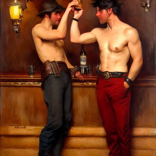 Prompt: attractive masculine mike, wearing pants, with dark red hair with attractive tyler with black hair, drinking their hearts out, in a pub, no shirt. very defined and highly detailed painting by gaston bussiere, j. c. leyendecker, craig mullins 8 k
