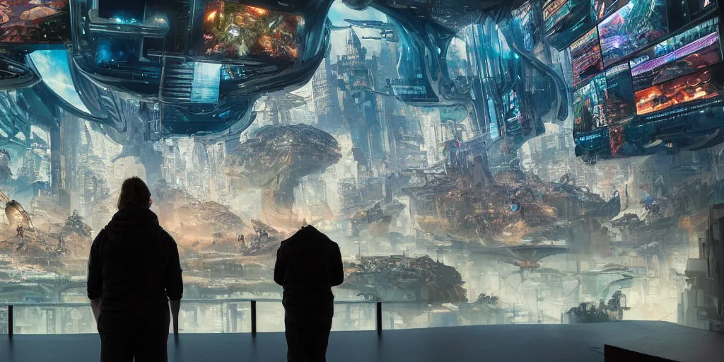 Prompt: a person in a cinema viewing 6 screens at the same time, giant cinema, futuristic cyberpunk, incredible architecture, by moebius and mohrbacher, masterpiece of futuristic art,