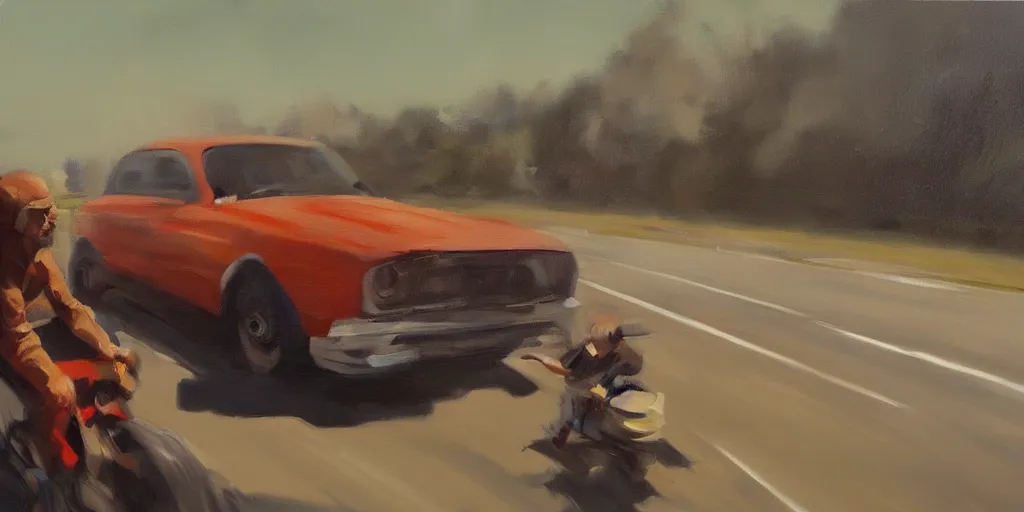 Image similar to Grampa zooming down the highway, hectic oil painting featured on ArtStation