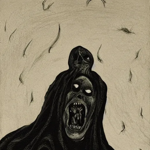 Image similar to A beautiful print that captures the feeling of terror and anguish. The bright sky contrasts sharply with the dark, ominous figure in the background, creating a sense of unease and foreboding. The figure's face is twisted in a scream of agony, conveying the true horror of the scene. This print is truly a masterpiece of emotion and terror. by Käthe Kollwitz a e s t h e t i c