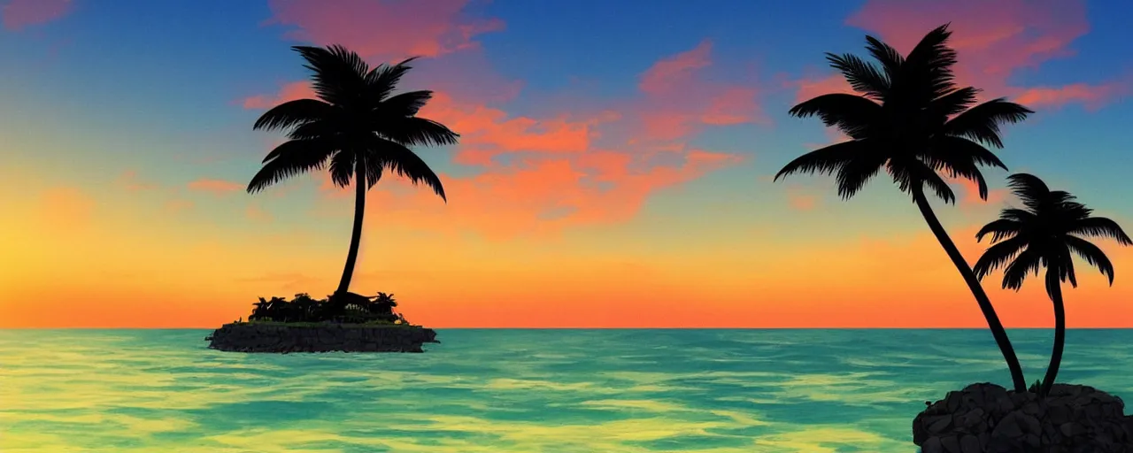 Prompt: small house on a tiny island in the middle of the ocean, (((colorful clouds))), sunset, palm trees, ghibli style