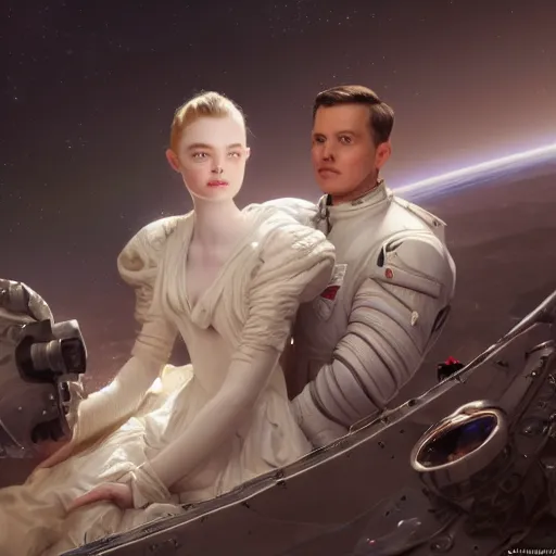 Image similar to sargent and leyendecker and peter paul rubens, head and shoulders portrait of a elle fanning in space, stephen bliss, unreal engine, fantasy art by global illumination, radiant light, detailed and intricate environment