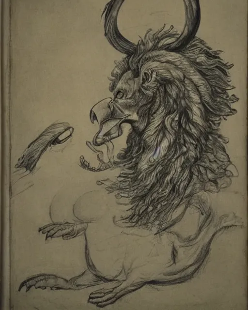 Image similar to a creature with the body and eyes of a man, with the beak of an eagle, the mane of a lion, and the horns of an ox. drawn by francis bacon