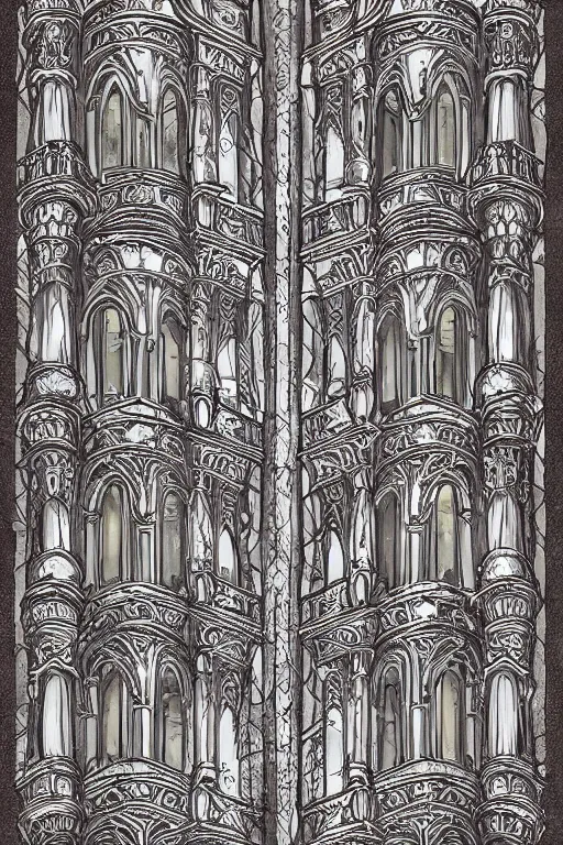 Image similar to ancient silver tower of the moon, fairytale illustration, elaborate carved wood balconies, tall windows, formal gardens, dramatic cinematic lighting, beautiful moths, soft colors, golden age illustration