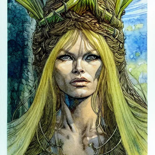 Image similar to a realistic and atmospheric watercolour fantasy character concept art portrait of brigitte bardot as a druidic warrior wizard looking at the camera with an intelligent gaze by rebecca guay, michael kaluta, charles vess and jean moebius giraud