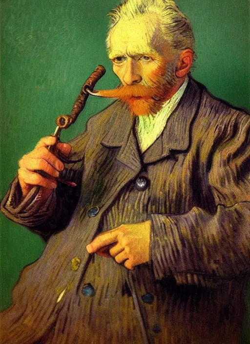 Image similar to portrait of a very old sailor with a pipe, detailed realism face in painting, detailed beautiful portrait, expressionist oil painting masterpiece, 8 k resolution, smooth, sharp focus, pastel color palette, trending on artstation, by van gogh